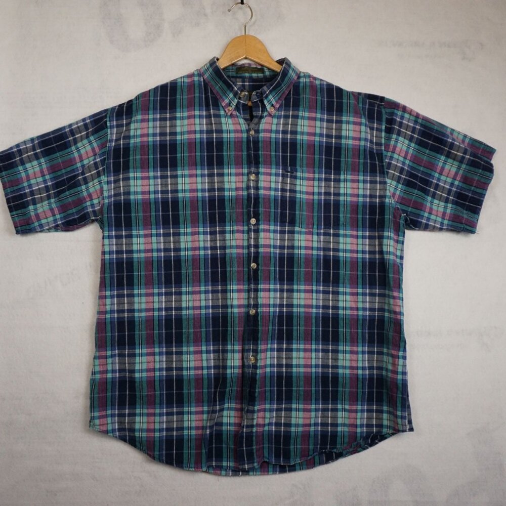 Croft & Barrow Mens Plaid Short Sleeve Button Down Shirt XL Blue Pink Cotton